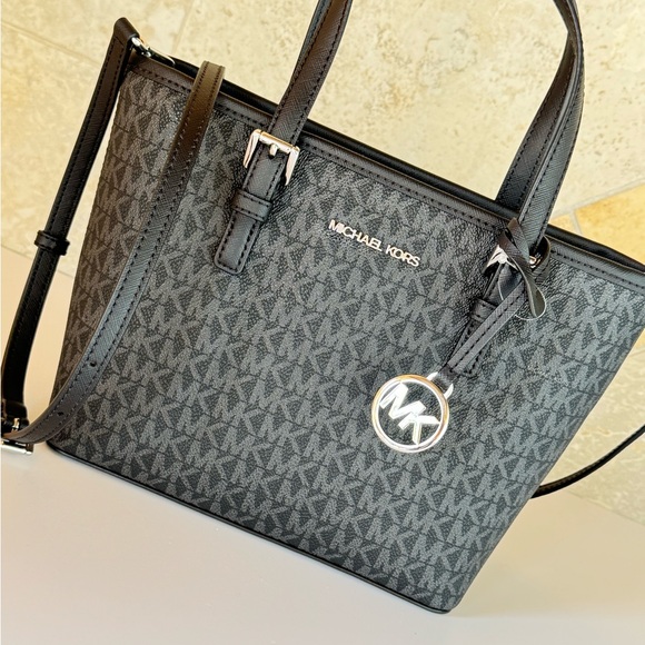 Michael Kors Jet Set Travel XS Tote Shoulder Bag MK Black/Silver - Picture 12 of 12